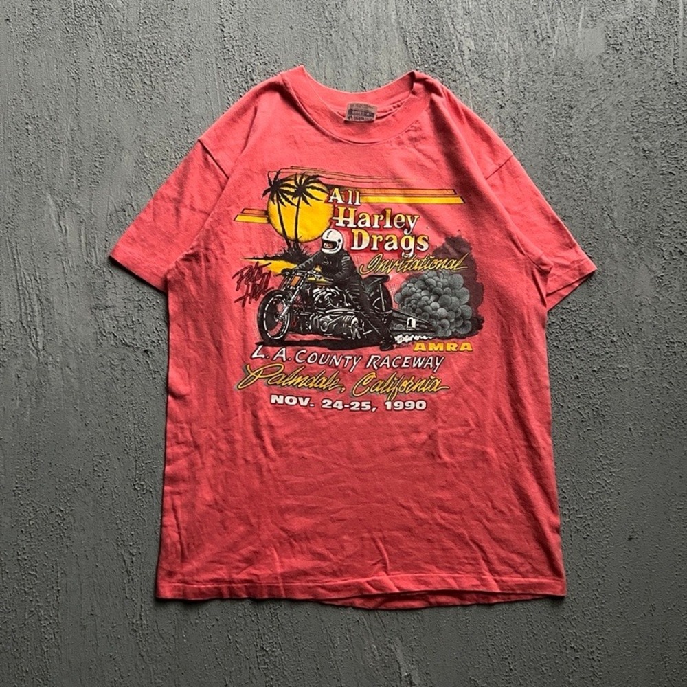 Vintage Harley Davidson Shirt Large Pink 1980s Drags Invitational AMRA